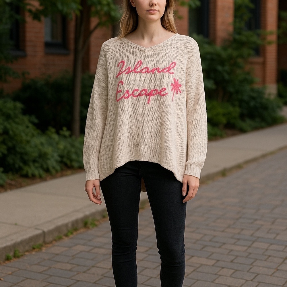 Vintage Havana V-Neck Sweater in Cream with Pink Script